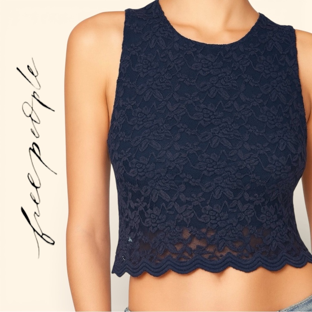 Intimately Free People Lace Crop Tank Top S Navy Floral Scalloped Keyhole Back - Picture 2 of 7